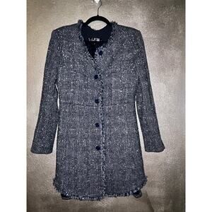 Theyskens’ Theory Gray Blue Black Tweed Boucle Meatallic Fringe Long Jacket